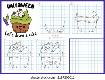 Halloween step by step drawing worksheet. How to draw a cake. Complete the picture by example activity. Vector autumn holiday writing practice worksheet. Printable coloring page with cupcake
