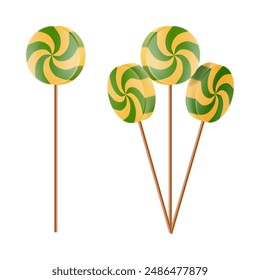 Halloween stick candy, sweet spooky lollipop cartoon. Funny sugar spiral thanksgiving creepy present. Trick treat haloween symbol. Green yellow realistic round sweets. Licorice october children gift