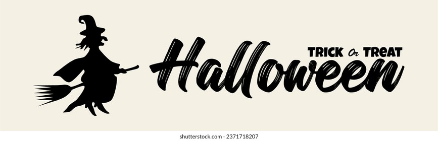 Halloween Sticker or Banner with Flying Witch Design and Typography. Trick or Treat Halloween Background