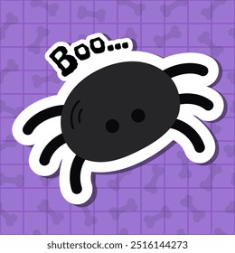 Etiqueta engomada de Halloween con la araña negra con la palabra Boo en un fondo púrpura. Truco o trato. Perfecto para tarjetas de Halloween espeluznantes, invitaciones y proyectos festivos. Fondo a cuadros con huesos.