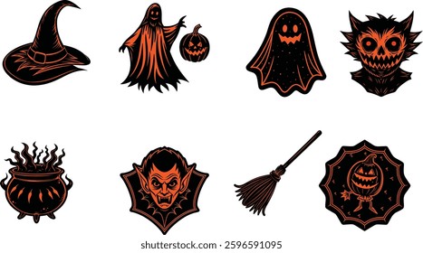 Halloween sticker bundle with spooky ghosts, witch hat, vampire, cauldron, broomstick, and pumpkin. Perfect for decorations, digital art, and merchandise.