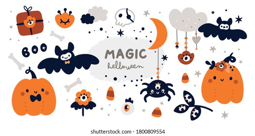 Halloween sticker collection: ghost, witch, pumpkin, rainbow.Happy Halloween childish collection with design elements. Ideal for cards, poster, prints, anniversary, invitation and party decoration