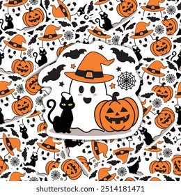 Halloween sticker, cute ghost halloween seamless pattern