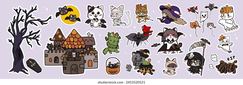 Diseño de la etiqueta engomada de Halloween del gato en la Ilustración vectorial de fondo violeta