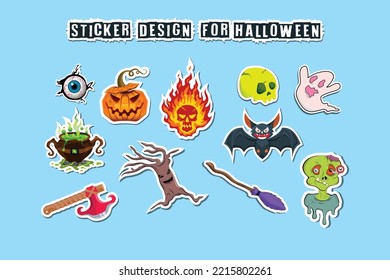 Halloween Sticker Design contains creepy spooky Bat, evil ghost, cartoon zombie, horror skull, bloody Viking axe, running tree, poison cauldron, fire skull, scary eye, and witch broomstick