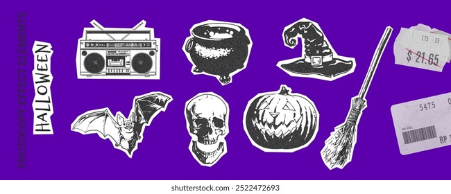 Design de adesivo de Halloween com crânio, abóbora, morcego, vassoura e caldeirão. Estilo retrô com efeito de fotocópia e gráficos coloridos para as festividades de outubro.