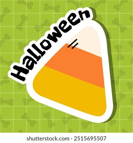 Halloween-Aufkleber mit einem Bonbonmais mit dem Wort Halloween auf grünem kariertem Hintergrund mit Knochen. Trick or Treat. Perfekt für Halloween Dekorationen, Partyeinladungen und festliche Projekte.