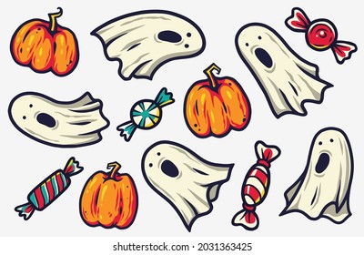 Halloween sticker with ghost, pumpkin and candy for children holiday. Horror spirit and sweet lollipop for design of halloween party