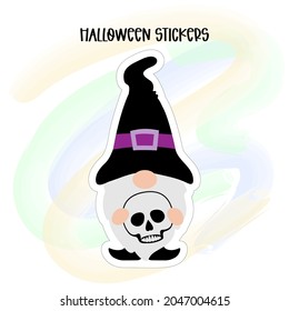 Halloween sticker. Gnome with scull. Scandinavian Nordic Gnome. Autumn holidays gnomes for greeting card, halloween t shirt design, print, mug.