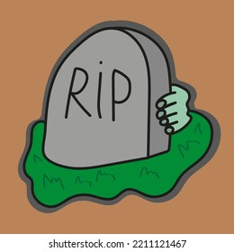 A Halloween sticker with the image of a grave with the inscription R.I.P. and the hand of a zombie getting out of the grave