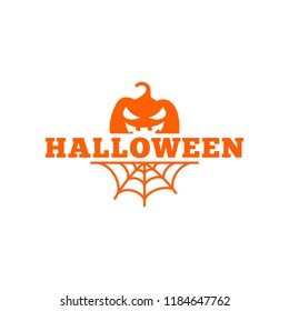 Halloween sticker, logo with pumpkin and cobweb, vector illustration, flat silhouette