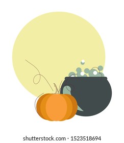 Halloween sticker moon boiling cauldron and pumpkin halloween characters .Kitchen icon for halloween party