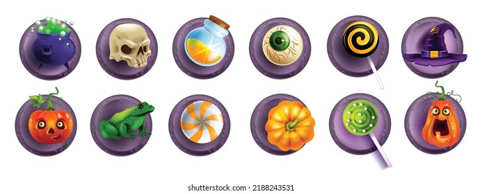 Halloween sticker object set, vector UI magic creepy icon, holiday game badge, witch cauldron, hat. Evil spooky gift, cartoon scary pumpkin, lollypop sweets, witchcraft kit. Halloween sticker assets