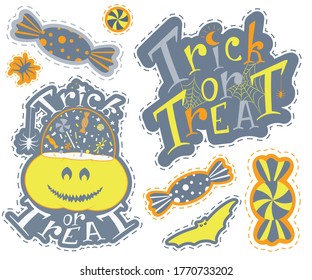 Halloween sticker pack with bats pumpkin coffin and sweets. Nice graphic items in party mood. Hand drawn vector print design