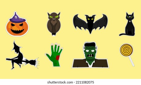 Halloween sticker pack with cartoon elements. Halloween cute icons for stickers. Ready for print. Pumpkin, owl, bat, cat, zombie hand, Frankenstein, candy, witch symbols.