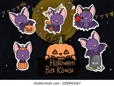Halloween Sticker Pack. Collection of Halloween Bat Clipart illustrations. Beautiful Clip Art Halloween Bat. Set of Five Animals Vector Illustrations, for Halloween Stickers
