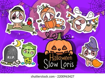 Halloween Sticker Pack. Collection of Kawaii Halloween Slow Loris Illustration. Cute Kawaii Halloween Lemur. Set of Five Animals Vector Illustrations, for Halloween Stickers
