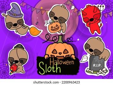 Halloween Sticker Pack. Collection of Halloween Sloth Clipart Illustration. Adorable Clip Art Halloween Sloth. Set of Five Animals Vector Illustrations, for Halloween Stickers
