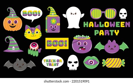 Halloween sticker pack. Halloween Funny trendy retro style comic characters sticker. Halloween set of patches in cartoon comic style. Vintage Halloween character design sticker pack. 