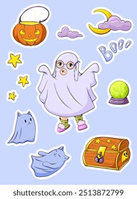 Halloween sticker pack. Kid in a ghost halloween costume and spooky elements. Cartoon vector magic collection clip art. Trendy hand drawn illustration with a child, pumpkin, cat, boo