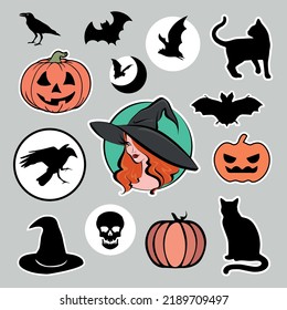 Halloween sticker pack made up of pumpkins, bats, pretty witch, cats, crows and scull. Different stickers as prints, patterns for design clothes, accessories, websites, signs, logo or application.
