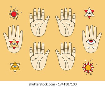 Halloween sticker pack. Palmistry, line prediction on the hands, evil eye, stars, esoteric, icons for palmist, fortuneteller, witch, magic, occultism, prediction 