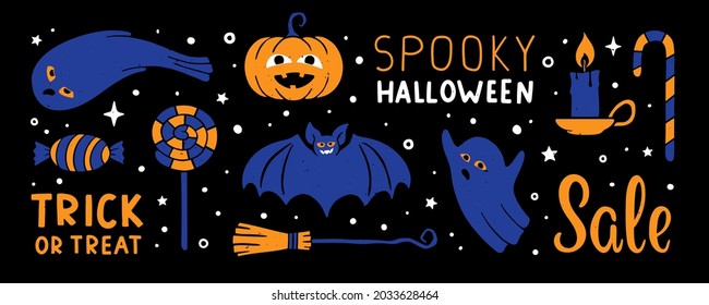 Halloween sticker pack. Pumpkin, ghost, candle, broom, candies, bat, "Spooky Halloween", "Trick or treat" and "Sale" lettering. Vector hand drawn characters and symbols