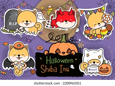 Halloween Sticker Pack. Set of Clipart Halloween Shiba Inu Illustrations. Cute Clip Art Halloween Dog. Set of Five Animals Vector Illustrations, for Halloween Stickers
