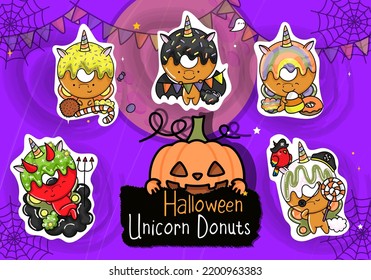 Halloween Sticker Pack. Set of Clipart Halloween Unicorn Illustrations. Cute Clip Art Halloween Unicorn Donut. Set of Five Animals Vector Illustrations, for Halloween Stickers
