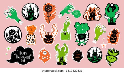 Halloween sticker pack set or  scrapbooking elements, badges, magnets. Stickers with ghost, Jack o lantern, pumpkin, turnips, zombie hands, magic cauldron  with Happy Halloween lettering title. Vector