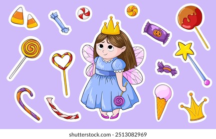 Halloween sticker pack. Toddler in a fairy halloween costume and sweet treats. Cartoon vector magic collection clip art. Trendy hand drawn illustration with a child and candies