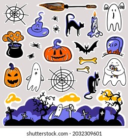 Halloween sticker pack. Vector cartoon illustration. Hand drawn scary stickers.