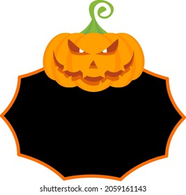 Halloween Sticker, price tag or label with Halloween pumpkin. Holiday traditional demonic character Jack Lantern. Glowing evil eyes and sharp teeth. Halloween party, sesonal sale.