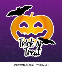 Halloween sticker with pumpkin and bats. Trick or treat. Vector background.