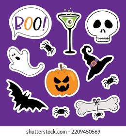 Halloween sticker set - boo speech bubble, bat, spider, ghost, skull, potion, and pumpkin, illustration graphics vector.
