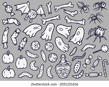 Halloween sticker set for children holiday. Horror stickers or elements for design of autumn halloween party