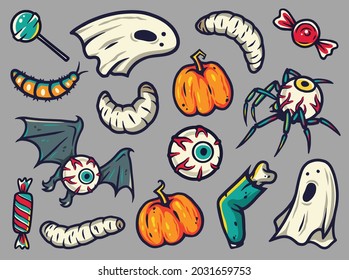 Halloween sticker set for children holiday. Horror stickers or elements for design of autumn halloween party