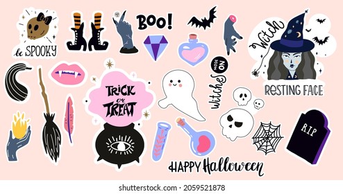 Halloween sticker set with cute characters and lettering. Witch, skulls, pot, graves and magic vibes. Collection for spooky holiday lovers.