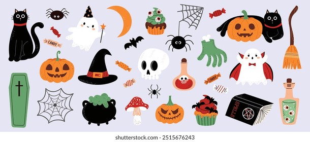 Halloween sticker set with cute hand-drawn elements: pumpkins, ghosts, black cats, skulls, spiders, candies, and potions. Perfect for Halloween cards, posters and party decor. Happy Halloween isolated