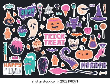 Halloween sticker set elements, hand drawn scary illustration. Cute badge collection with pumpkin, bat skull candlestick, broom and cat. Traditional spooky holiday symbols. Vector template, background