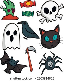 Halloween sticker set with ghost, skull, zombie, bat, crow, scythe, spider and cat