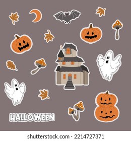 Halloween sticker set. The main symbol of the Happy Halloween holiday. House, pumpkin, ghost, mushrooms, bat, autumn leaves. Hand drawn vector illustration. Perfect for party invitation, greeting card
