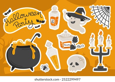 Conjunto de pegatinas de Halloween, poción, caldero y fantasma