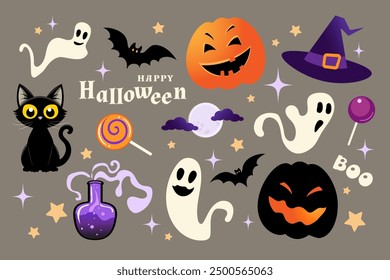 Halloween sticker set with pumpkin, bat, candy, witch hat, black cat, decorative elements, vector