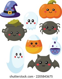Halloween sticker set with pumpkin, bowler hat, spider, bat