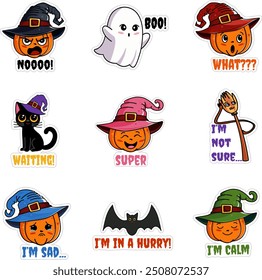 Halloween sticker set with pumpkins in hats, black cat, bat, broom, ghost with different emotions in cartoon style on white background with text.