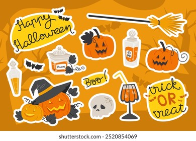 Halloween Aufkleber Set, Kürbisse, Laternen, Trank, Besenstiel und Geist