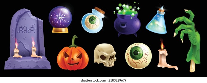 Halloween Sticker Set, Vector Game Monster Witch Icon Kit, Stone Grave, Smiling Pumpkin, Zombie Hand. Magic Potion Cauldron, Glass Vial, Round Eye, Crystal Ball Skull. Fantasy Spooky Halloween Clipart