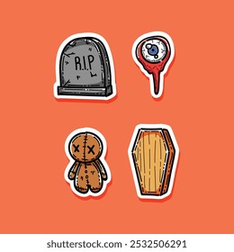 Halloween sticker set vector illustration design isolated in an orange background sticker style