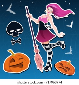 Halloween sticker set. Witch. broomstick. Pumpkin. Skull.